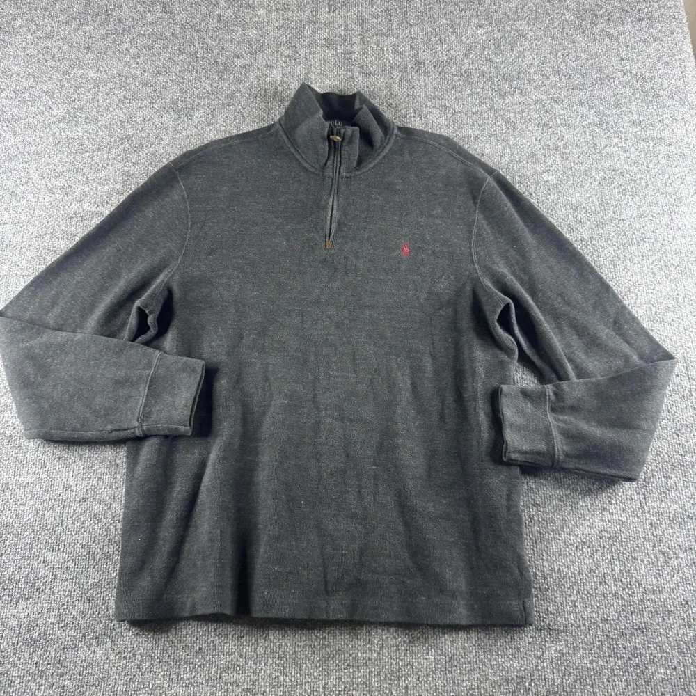 Polo Ralph Lauren Sweater Mens L Gray 1/4 Zip Mock Neck Cotton Knit Pullover